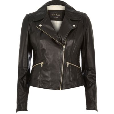 Black quilted leather biker jacket